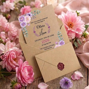 May include: A kraft paper wedding invitation card inside a matching envelope with a red wax seal. The card features purple floral illustrations and text: With love, please celebrate the marriage of Olivia & Liam, Saturday, 13th of June 2026 at 06:30 PM, The Hidden Cottage, Oakhaven.