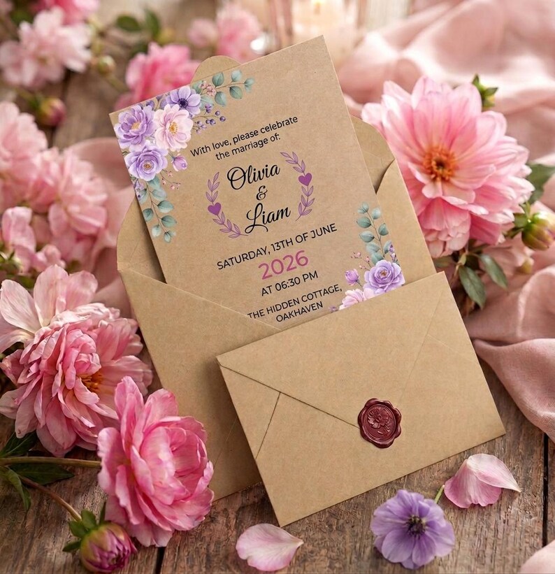 May include: A kraft paper wedding invitation card inside a matching envelope with a red wax seal. The card features purple floral illustrations and text: With love, please celebrate the marriage of Olivia & Liam, Saturday, 13th of June 2026 at 06:30 PM, The Hidden Cottage, Oakhaven.