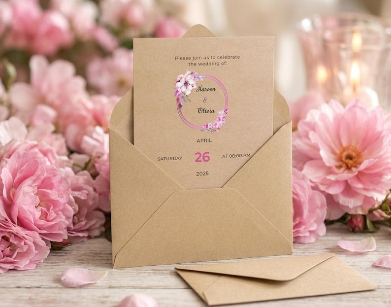May include: A tan kraft paper wedding invitation card inside a matching envelope. The card features a pink floral wreath graphic, the text 'Please join us to celebrate the wedding of: Aareen & Olivia', and the date 'Saturday April 26 2025'.