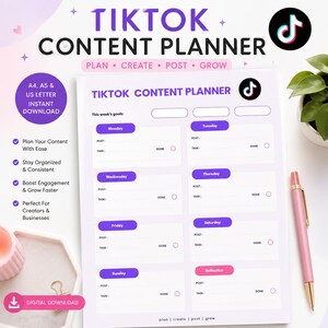 Sjabloon voor een TikTok-contentplanner | Bewerkbare videoplanner voor Canva, inclusief hooks, scripts, trends en een publicatiekalender