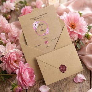 May include: A tan cardstock wedding invitation featuring a pink floral wreath graphic, the text "Please join us to celebrate the wedding of: Aareon & Olivia", and the date "Saturday April 26 2025 at 08:00 PM", tucked into a matching envelope with a wax seal.