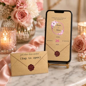May include: A smartphone displaying a digital wedding invitation with floral graphics and the text 'Please join us to celebrate the wedding of Aaron & Olivia, Saturday April 26 2025 at 08:00 PM', alongside a physical kraft paper envelope with a wax seal.