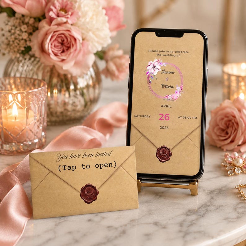 May include: A smartphone displaying a digital wedding invitation with floral graphics and the text 'Please join us to celebrate the wedding of Aaron & Olivia, Saturday April 26 2025 at 08:00 PM', alongside a physical kraft paper envelope with a wax seal.
