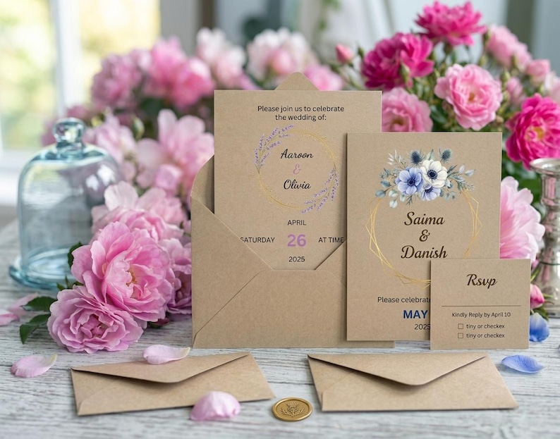 May include: Two kraft paper wedding invitations with matching envelopes and an RSVP card. The invitations feature floral illustrations, gold geometric frames, and printed text including names like Aaroon, Olivia, Saima, and Danish, with dates in 2025.