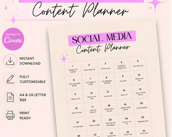 Social media content planner template | Editable Digital Download Editable Social Media Content Planner for Canva, Monthly Calendar