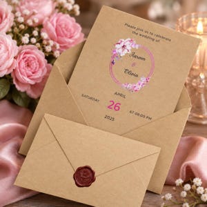 May include: A kraft paper wedding invitation card and matching envelope with a dark red wax seal. The card features a pink floral wreath graphic, the text "Please join us to celebrate the wedding of: Aaron & Olivia", and the date "Saturday April 26 2025".