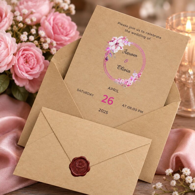 May include: A kraft paper wedding invitation card and matching envelope with a dark red wax seal. The card features a pink floral wreath graphic, the text "Please join us to celebrate the wedding of: Aaron & Olivia", and the date "Saturday April 26 2025".