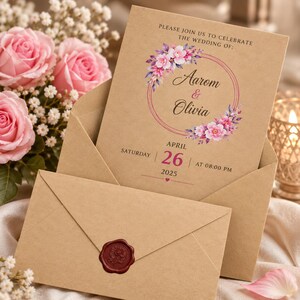 May include: A kraft paper wedding invitation card inside a matching envelope with a red wax seal. The card features a floral wreath graphic, the names Aarom and Olivia, and the date Saturday, April 26, 2025, at 08:00 PM printed in black text.
