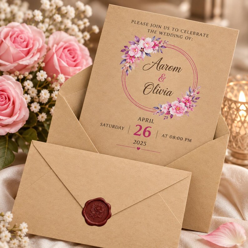May include: A kraft paper wedding invitation card inside a matching envelope with a red wax seal. The card features a floral wreath graphic, the names Aarom and Olivia, and the date Saturday, April 26, 2025, at 08:00 PM printed in black text.