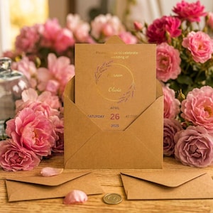 May include: A tan paper wedding invitation card inside a matching tan envelope, featuring gold text that reads Please join us to celebrate the wedding of Aaron and Olivia, Saturday April 26 2025, with a circular floral wreath graphic design.