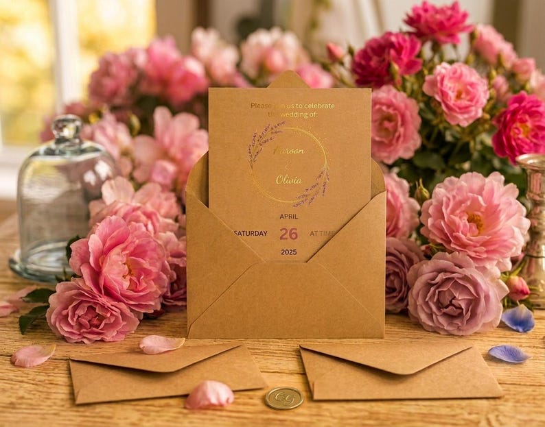 May include: A tan paper wedding invitation card inside a matching tan envelope, featuring gold text that reads Please join us to celebrate the wedding of Aaron and Olivia, Saturday April 26 2025, with a circular floral wreath graphic design.