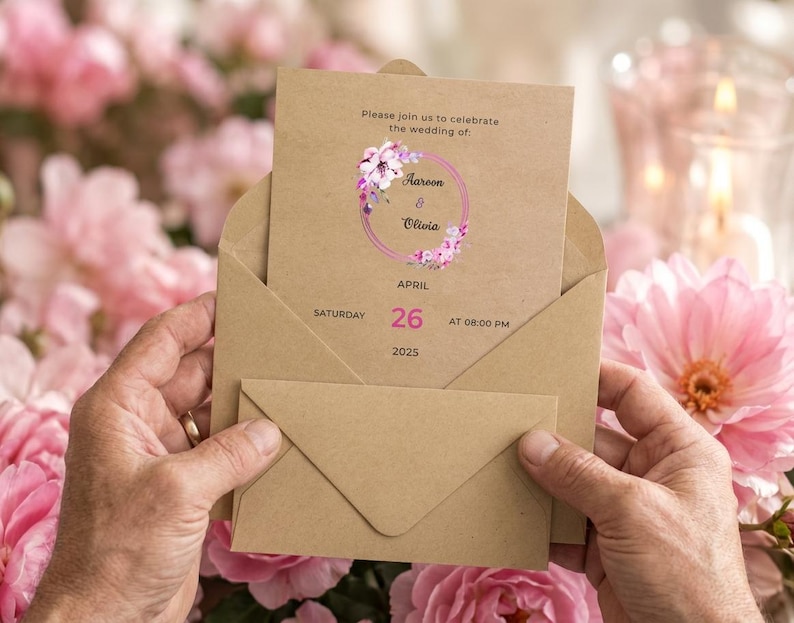 May include: A tan cardstock wedding invitation inside a matching envelope. The text reads: Please join us to celebrate the wedding of: Aaron & Olivia, Saturday, April 26, 2025, at 08:00 PM. A circular floral wreath in shades of pink and purple surrounds the names.