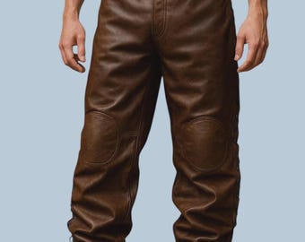 Men's Genuine Leather Pants, Tapered Moto Biker Trousers, Black Jogger Brown Classic