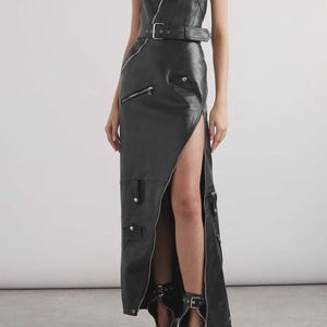 chinese dress ladies Asymmetrical Style Zipper Front Women Leather Dress Leather Midi Dress –  Movenera main image 0
