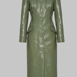 Sage Green Leather Trench Coat – Full Length Lambskin Overcoat, Tailored Jacket