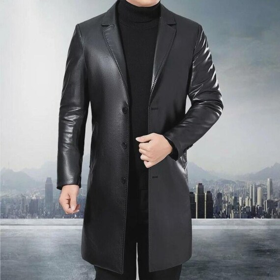 Men's Genuine Sheep Leather Overcoat, Slim Fit Black Button Front Coat
