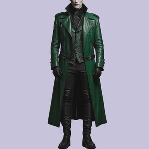 Men's Emerald Green Leather Trench Coat – Long Gothic Duster, Victorian Steampunk Overcoat