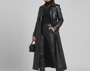 Handmade Black Genuine Leather Trench Coat, Slim Fit Luxury Lambskin Overcoat