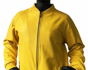 Men's Yellow Genuine Leather Bomber Jacket | Minimalist Streetwear Lambskin Coat
