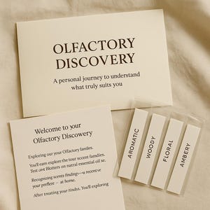 May include: An off-white card with the text "Olfactory Discovery" and "A personal journey to understand what truly suits you." Below is a card that says "Welcome to your Olfactory Discovery." Four scent strips are labeled "Aromatic," "Woody," "Floral," and "Ambery."