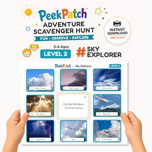 PeekPatch Sky Explorer afdrukbare speurtocht – niveau 2 buitenspel voor kinderen