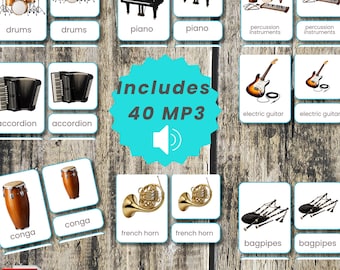 Music Flashcard, audio, MP3, instruments, Montessori Cards, matching game, prints