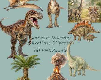 Bundle de cliparts jurassique, dinosaures aquarelle réalistes PNG, ensemble d'animaux préhistoriques, graphiques éducatifs