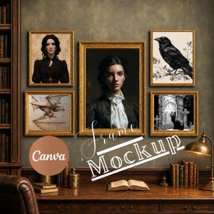 May include: A gallery wall arrangement featuring five ornate gold frames containing various artworks, including portraits of individuals, a crow on a branch, a mechanical flying machine, and a cat sitting in a cemetery, with the text Canva Frame Mockup.