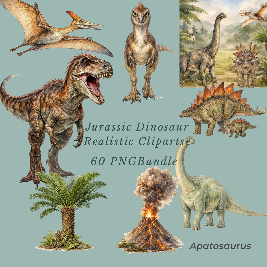 Jurassic Clipart Bundle, Realistic Watercolor Dinosaurs PNG ...