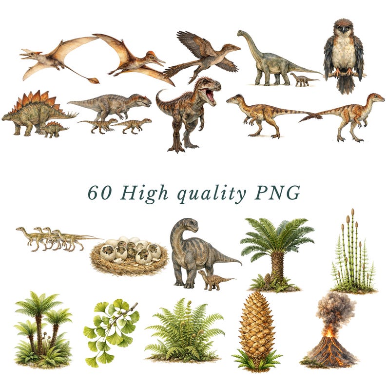 Jurassic Clipart Bundle, Realistic Watercolor Dinosaurs PNG ...