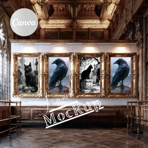 Könnte beinhalten: Vier verzierte goldene rechteckige Rahmen an einer Wand, die jeweils einen anderen Druck im Gothic-Stil enthalten. Die Bilder zeigen schwarze Katzen und Raben in Friedhofskulissen mit Grabsteinen. Der Text Canva und Frame Mockup ist sichtbar.