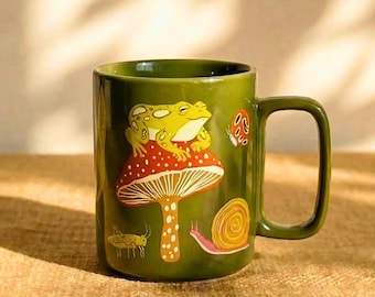 Frog On Mushroom Mug, Whimsical Animal Coffee Mug, Ceramic Cottagecore Mug, Nature Lover Gift, Cute Handcrafted Cup, 400ml