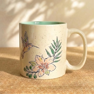 Pastel Hummingbird Ceramic Mug, Gift for Bird Lovers and Gardeners, Hand-Painted Hummingbird Botanical Coffee & Tea Mug, 650ml