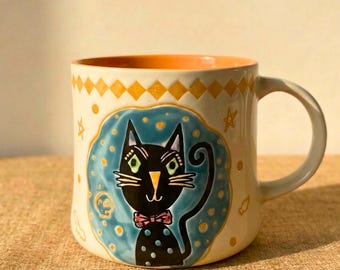 Whimsical Black Cat Coffee Mug, Cute Handpainted Cat Mug Gift, Ceramic Cat Lover Mug, Funny Black Cat Art, 550ml