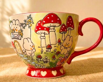 Bunny Mushroom Garden Mug, Whimsical Garden Coffee Cup Gift, Hand-Painted Rabbit Art Cottagecore Teacup, Cute Gifts for Friends, 400ml