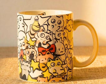 Cat Graffiti Doodle Mug, Cute Cartoon Cat Coffee Mug Gift, Ceramic Cat Lover Mug, Fun Desk Kitchen Mug, Handcrafted Art Cup, 350ml