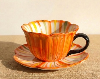 Colorful Ceramic Tea Cup and Saucer, 4 Colors, Hand-Painted Paint Stripe Teacup Set, Colorful Artsy Coffee Cup, Housewarming Gift