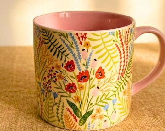 Wildflower Garden Mug, Cute Floral Coffee Mug Gift, Ceramic Flower Lover Mug, Birthday Gift For Her, Handcrafted Cottagecore Cup, 400ml