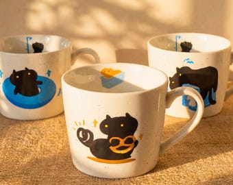 Black Cat Cartoon Mug, Funny Cat Design Coffee Cup Gift, Black Cat Stoneware Cups, Handcrafted Cartoon Cat Lover Mug, Cat Owner Gift, 320ml