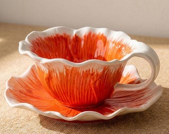 Handmade Floral Blossom Mug Set, 5 Colors, Beautiful Ceramic Flower Mug & Saucer, Cute Kitchen Decor, Unique Home Gifts, Coffee and Tea Cup
