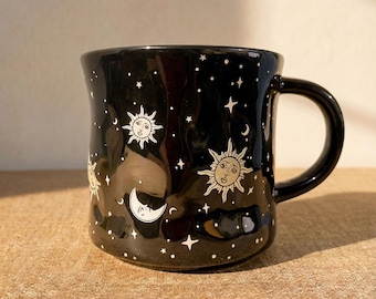 Celestial Sun and Moon Ceramic Mug, Mystical Stars Coffee Mug, Witchy Astrology Cup, Black Gold Moon Mug, Tarot Aesthetic Gift, Galaxy Mug