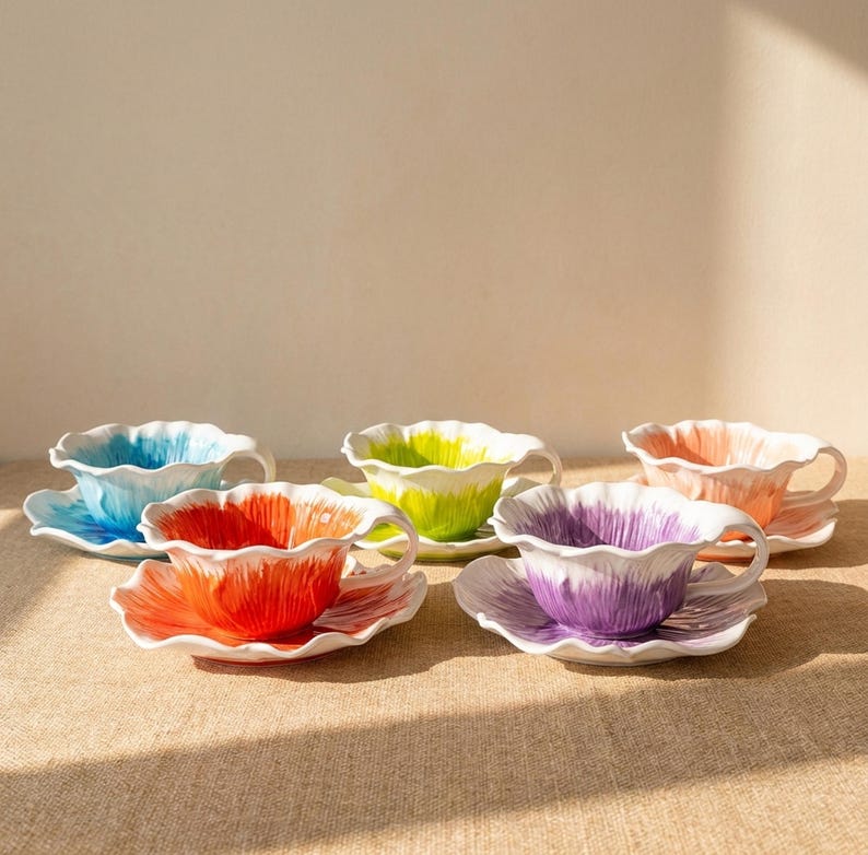 Puede incluir: Un juego de cinco tazas y platillos de cer&aacute;mica. Cada taza y platillo est&aacute; pintado de un color diferente: azul, naranja, verde, morado y melocot&oacute;n. Las tazas tienen un dise&ntilde;o de p&eacute;talo, y los platillos coinciden con los colores de las tazas.