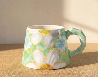 White Blossom Ceramic Mug, Hand-Painted Floral Coffee Mug, Spring Flower Cup, Cottagecore Mug Gift, Botanical Mug for Tea Lovers