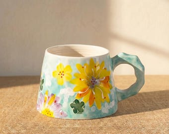 Sunflower Floral Ceramic Mug, Hand-Painted Yellow Wildflower Coffee Mug, Teal Floral Tea Cup, Artisan Pottery Mug, Cottagecore Floral Gift