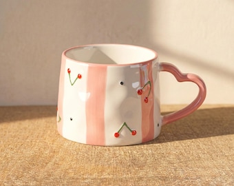 Fruit Heart Handle Ceramic Mug, Apple Flower Mug, Cherry Stripe Coffee Cup, Kawaii Aesthetic Mug, Gift for Her, 320ml