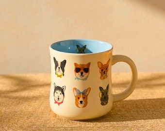 Dog Face Collage Mug, Cute Puppy Portrait Coffee Mug Gift, Ceramic Dog Lover Mug, Bowtie and Sunglasses, Funny Dog Cup, 450ml