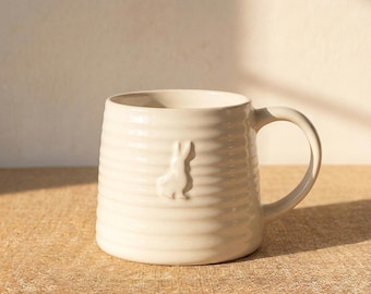 Minimalist Bunny Ceramic Mug, Cute Rabbit Relief Coffee Mug, Cottagecore Cream Pottery Cup, Bunny Lover Gift, Aesthetic Tea Mug, 360ml