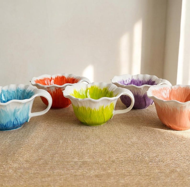 Puede incluir: Conjunto de cinco tazas de t&eacute; de cer&aacute;mica con dise&ntilde;o floral. Cada taza presenta un degradado de color &uacute;nico: azul, naranja, verde, morado y melocot&oacute;n, con detalles blancos. Las tazas tienen asa y borde festoneado.