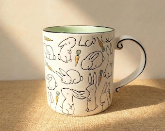 Bunny & Carrot Cartoon Mug, Cottagecore Easter Bunny Mug, Cute Rabbit Ceramic Coffee Mug, Funny Gifts for Easter, Basket Stuffer, 400ml