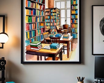 Arte imprimible de biblioteca colorido, arte de pared acogedor para sala de lectura, decoración para amantes de los libros, ilustración de biblioteca en acuarela, póster para sala de estudio